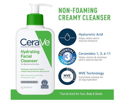 CeraVe Hydraterende Velversorgingstel - (237ml) Bevogtigende Room & (237ml) Hydraterende Gesigsreiniger, Sermeide + Hialuroonsuur Bevogtiger