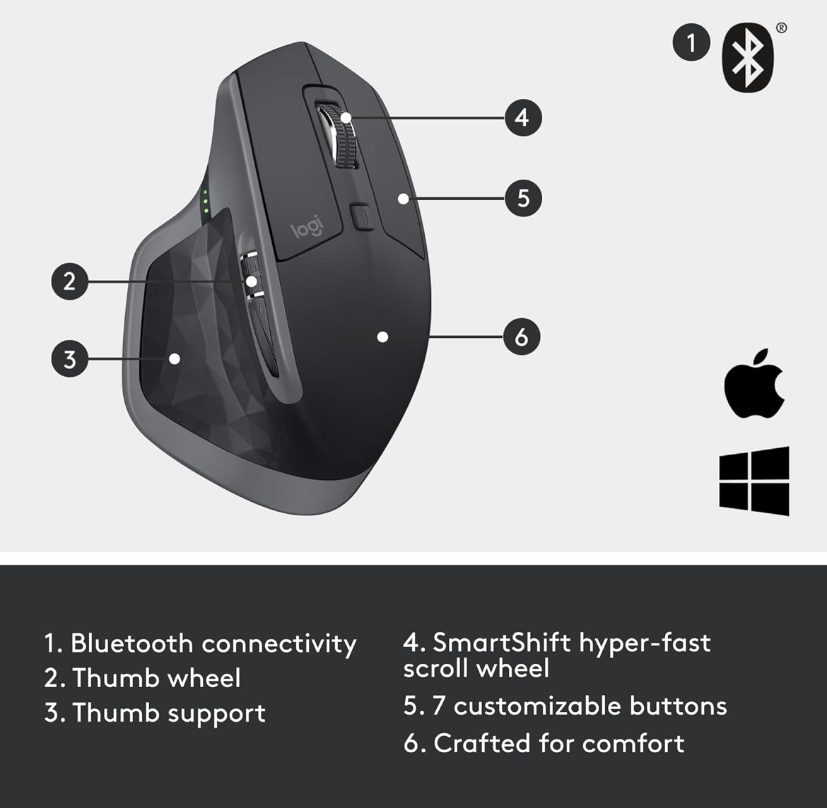 Logitech MX Master 2S Bluetooth Edition Koordlose Muis – Gebruik op Enige Oppervlak, Hipervinnige Rol, Ergonomies, Herlaaibaar, Beheer Tot 3 Apple Mac- en Windows-rekenaars – Grafiet