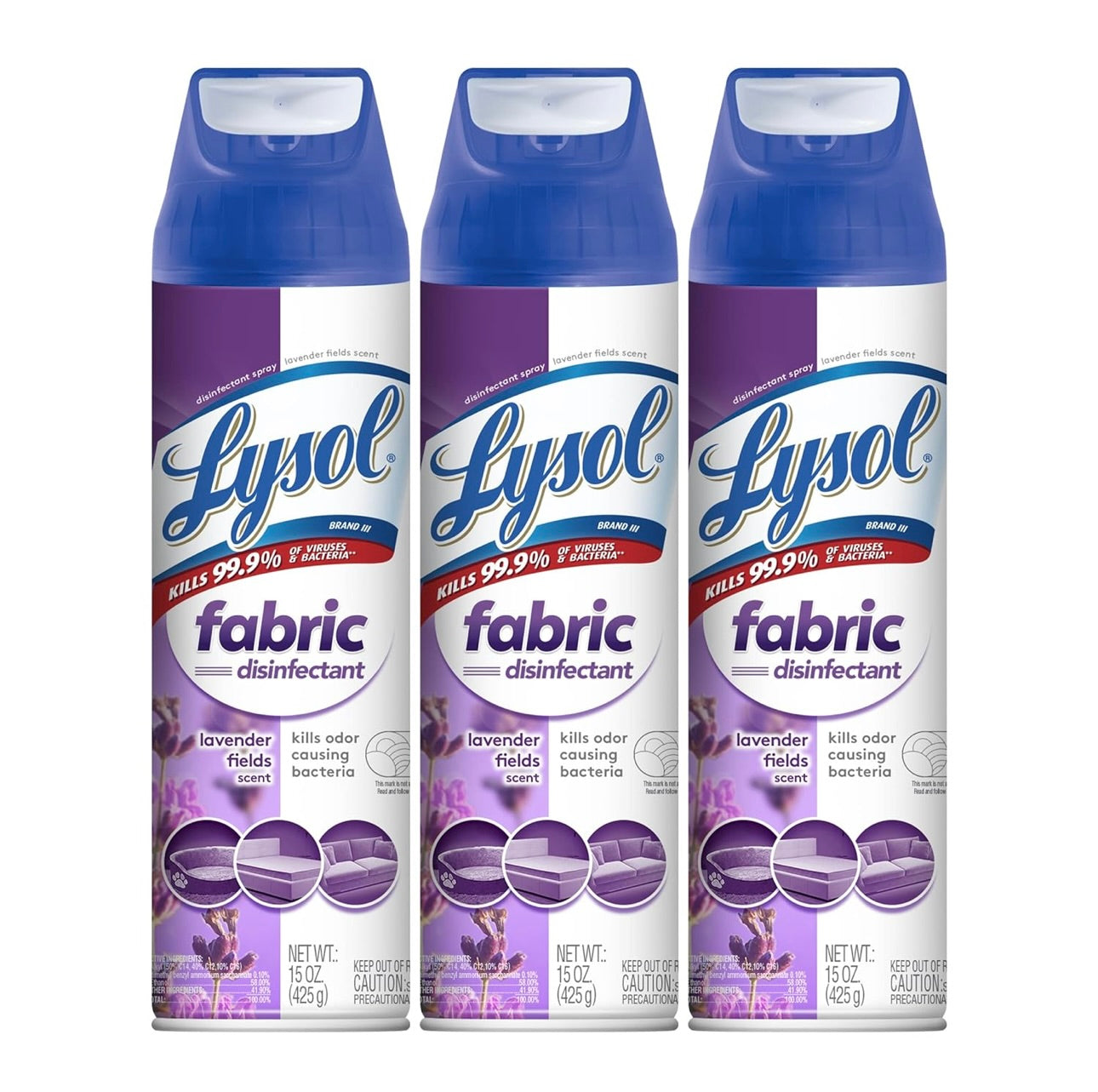 Lysol Lap Ontsmettingssproei, Saniterende en Antibakteriese Sproei, Vir die Ontsmetting en Ontgeuring van Sagte Meubels, Laventellande 15 Vl. Ons (Pak van 3)
