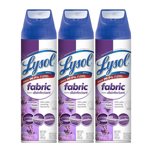 Lysol Lap Ontsmettingssproei, Saniterende en Antibakteriese Sproei, Vir die Ontsmetting en Ontgeuring van Sagte Meubels, Laventellande 15 Vl. Ons (Pak van 3)