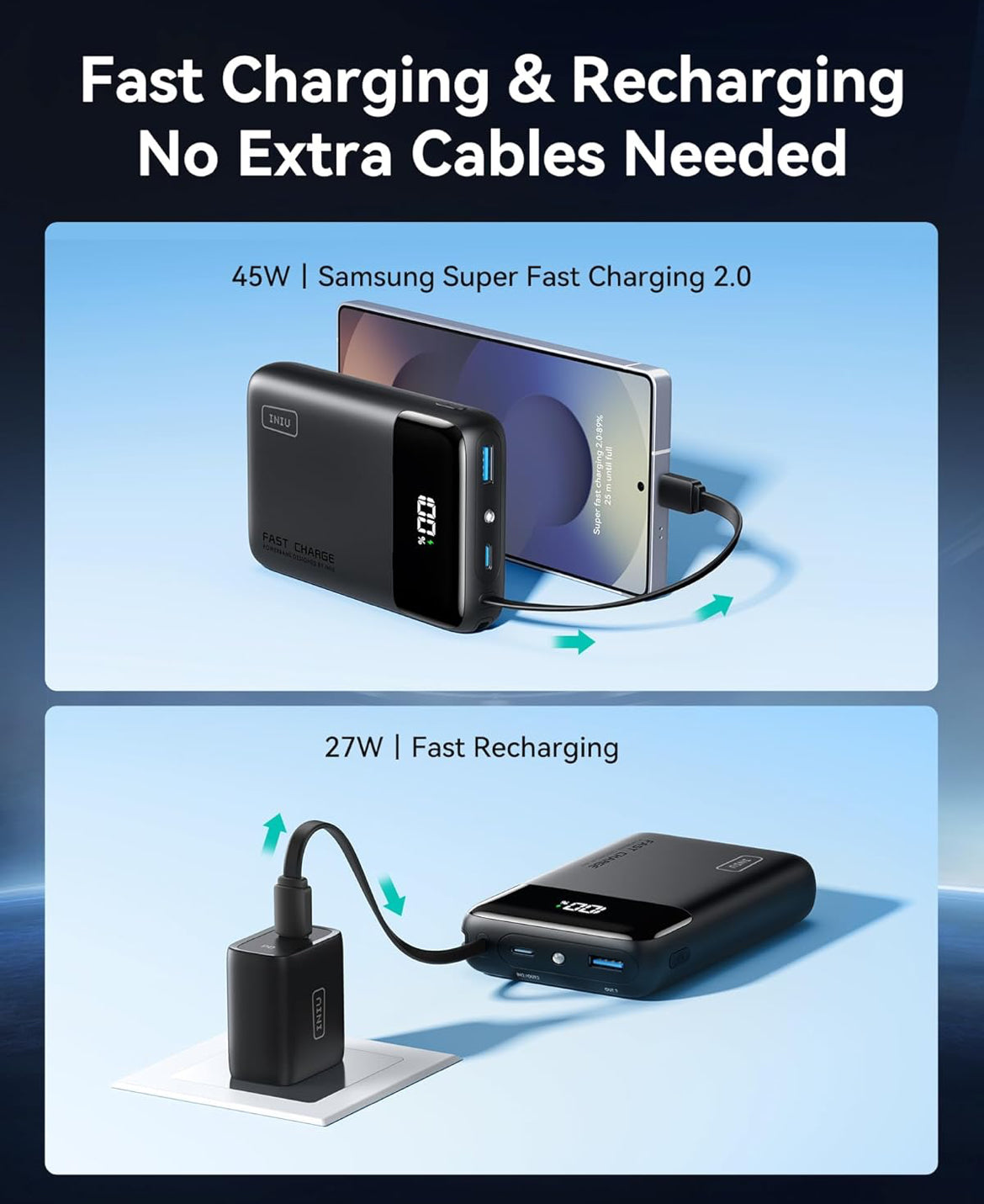 INIU 45W Draagbare Laaier, Kleinste 20000mAh Kragbank met Ingeboude USB-C Kabel, Vinnig Laaiende USB C In&Uit Battery Pak, Reisfoonlaaier vir iPhone 16 15 Samsung S25 S24 Google iPad ens.