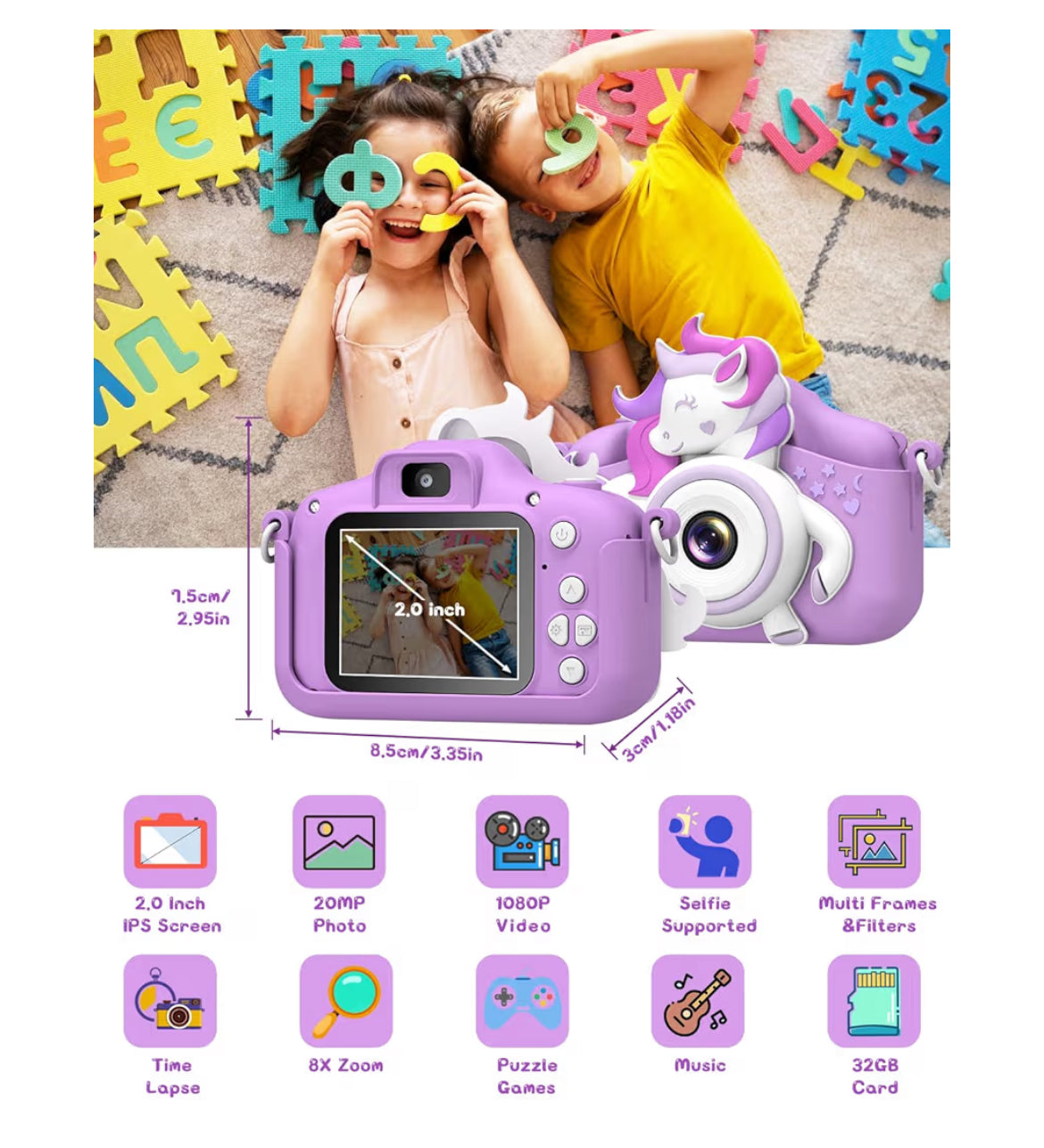 Kids Selfie Camera 20 MP HD 1080P IPS Screen Dual Digital Toy w/ 32Gb Card - (White/Purple)