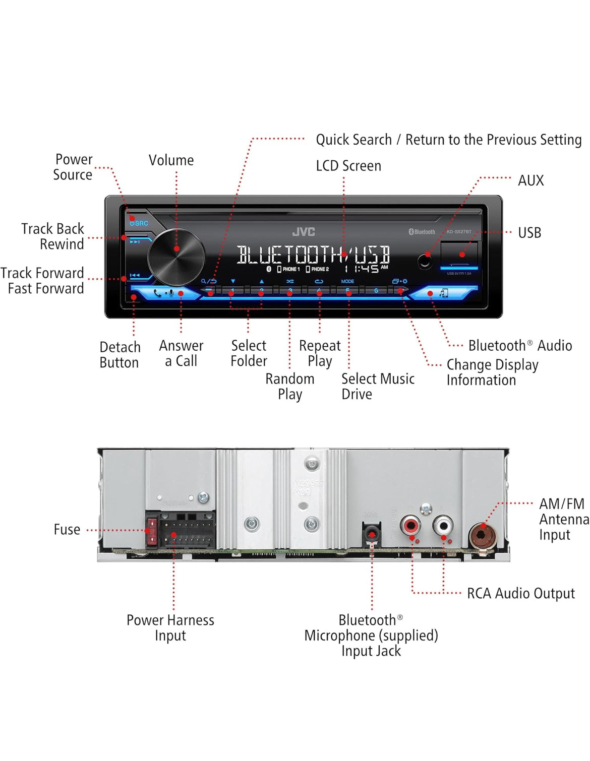 JVC KD-SX27BT Kar Stereo met Bluetooth, 100W Digitale Media-ontvanger, 1.5A USB om Toestelle te Laai, Enkel DIN Hoofeenheid, AM/FM, Aux-in, JVC Afstandbeheer Toep