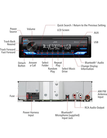 JVC KD-SX27BT Kar Stereo met Bluetooth, 100W Digitale Media-ontvanger, 1.5A USB om Toestelle te Laai, Enkel DIN Hoofeenheid, AM/FM, Aux-in, JVC Afstandbeheer Toep