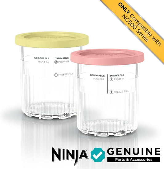 Ninja Creami Deluxe Pinte 2 Pak, Versoenbaar met NC500 Reeks Creami Deluxe Roomysmakers, Oorspronklike Ninja Pint, BPA-vry & Skottelgoedwasser Veilig, Gekleurde Deksel, 1 Pint Elk, Deursigtig/Koraal/Geel, XSKPNTLD2