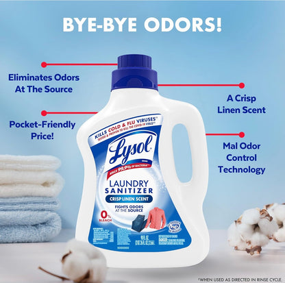 Lysol Ontsmettende Wasgoedontsmetter & Geurversterker, Wasgoedwasmiddelbymiddel, Kleurveilige Bleikmiddelalternatief, Wasgoedreukverwyderaar, Dood Bakterieë & Virusse, Crisp Linen Geur, 90 Fl Oz