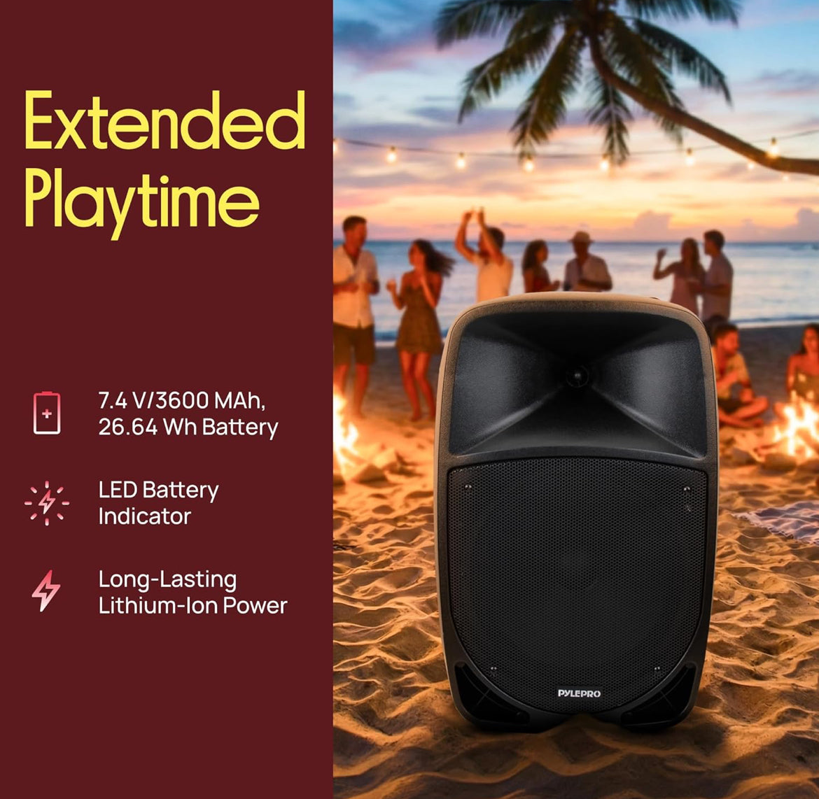 Portable Bluetooth PA Speaker - 12’’ 1200W Subwoofer, LED Battery Indicator Lights W/Built-In Rechargeable Battery, MP3/USB/SD Card Reader, and UHF Wireless Microphone