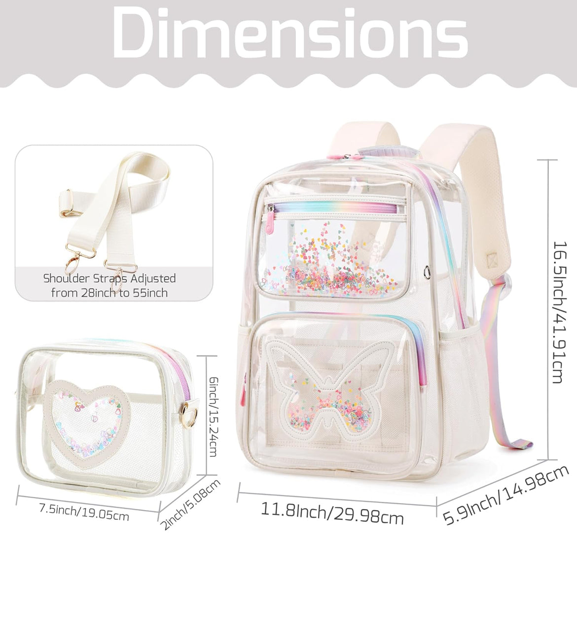 Girls Clear Backpack,2 PCS Large Backpacks Set,Heavy Duty Bookbag Stadium Approved Daypack Transparent Women Bag See Through Daypack for Kids Elementary Middle School Students Teens Sport Beige