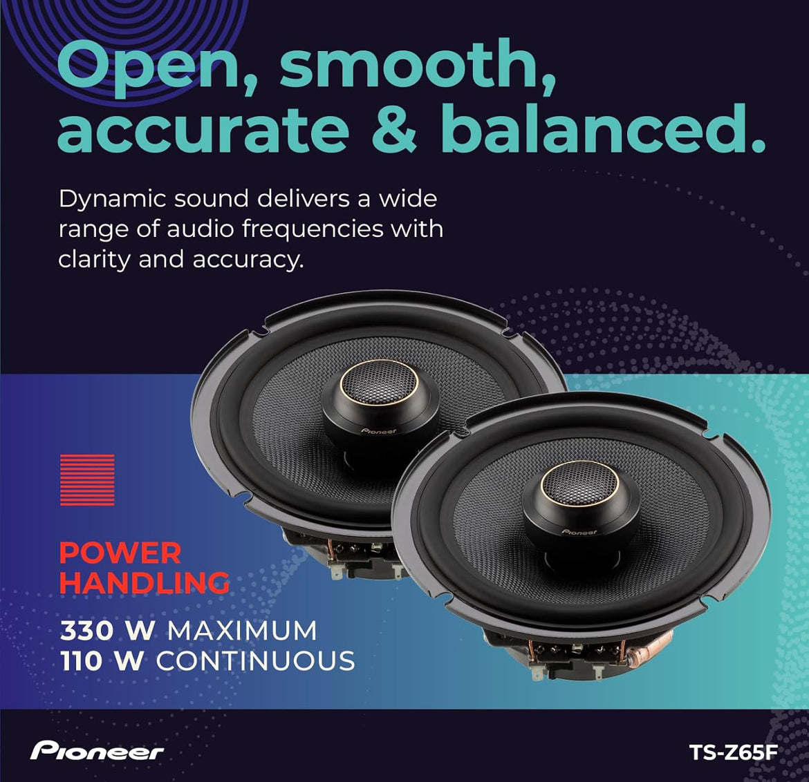Pioneer Z-Series TS-Z65F 6.5" 2-Way Coaxial Car Speakers 330W Max
Audiophile Upgrade, Premium Speakers, Balanced Sound + Smooth Treble, Add an Amplifier for Optimal Performance
