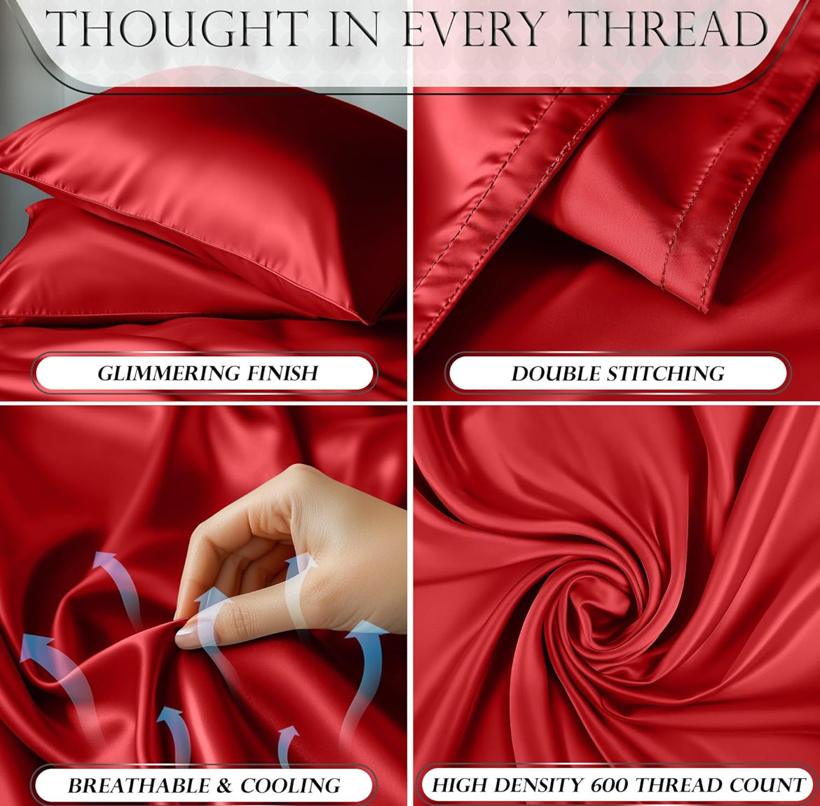 DECOLURE Satin Bed Sheets - 4 Piece Luxury Silky Queen Size Bedding Set - Softer Than Silk, Wrinkle-Free with 15” Deep Pocket Fitted Sheet, Perfect for Hair & Skin, Gifts for Women (Red)