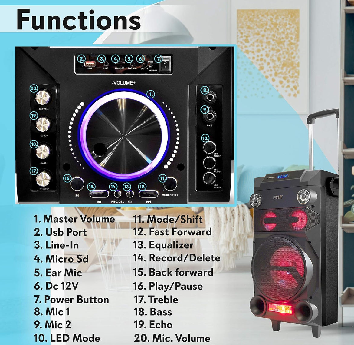 Draagbare Koordlose Bluetooth Karaoke PA-luidspreker - 8'' Subwoofer Klankstelsel met DJ-ligte, Herlaaibare Battery, FM Radio, USB / Mikro SD Leser, Mikrofoon, Afstandbeheer