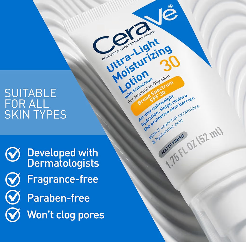 CeraVe Ultra-ligte Bevogtigende Melk met SPF 30 Geformuleer met Hialuronzuur & Smeriede - Mat Afwerking (1.7 Onse)