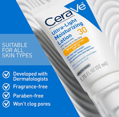 CeraVe Ultra-ligte Bevogtigende Melk met SPF 30 Geformuleer met Hialuronzuur & Smeriede - Mat Afwerking (1.7 Onse)