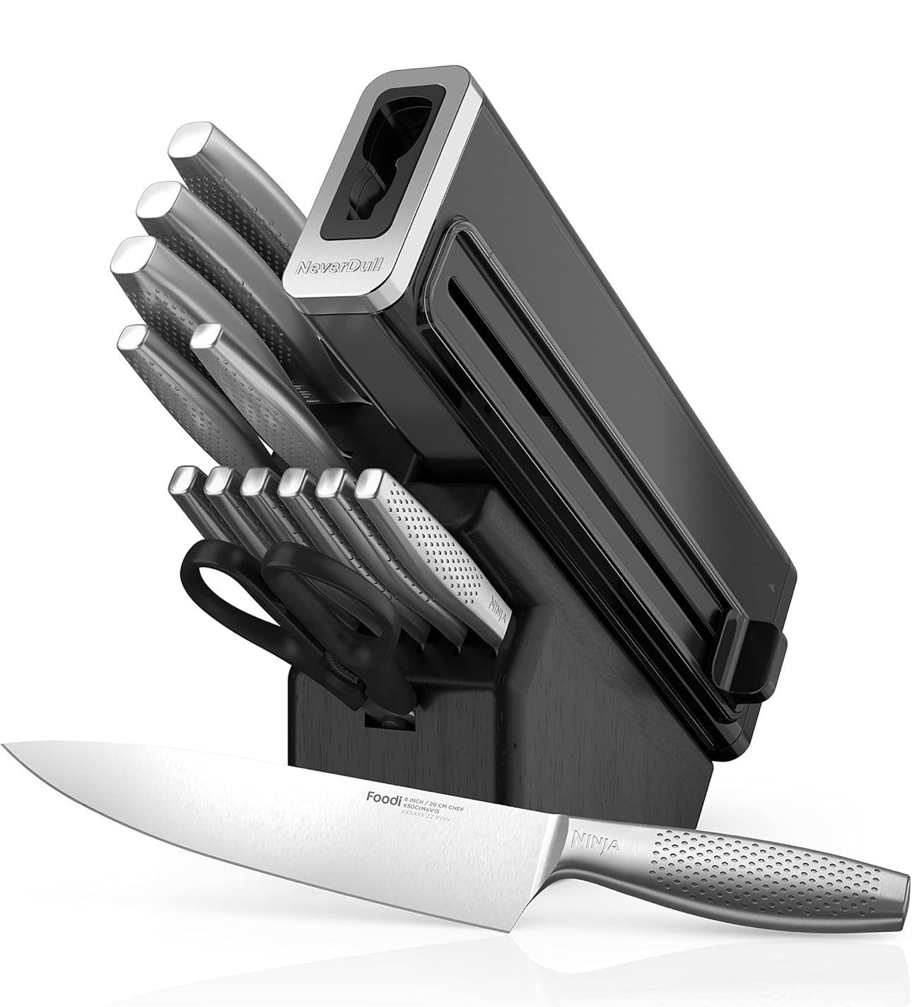 Ninja K62014 Foodi NeverDull Premium 14-Stuk Duitse Vlekvrye Staal Messtelsel met Ingeboude Skerpmaker, Vlekvrye Staal/Swart