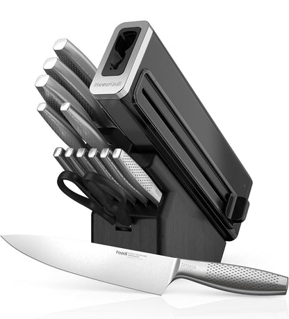 Ninja K62014 Foodi NeverDull Premium 14-Stuk Duitse Vlekvrye Staal Messtelsel met Ingeboude Skerpmaker, Vlekvrye Staal/Swart