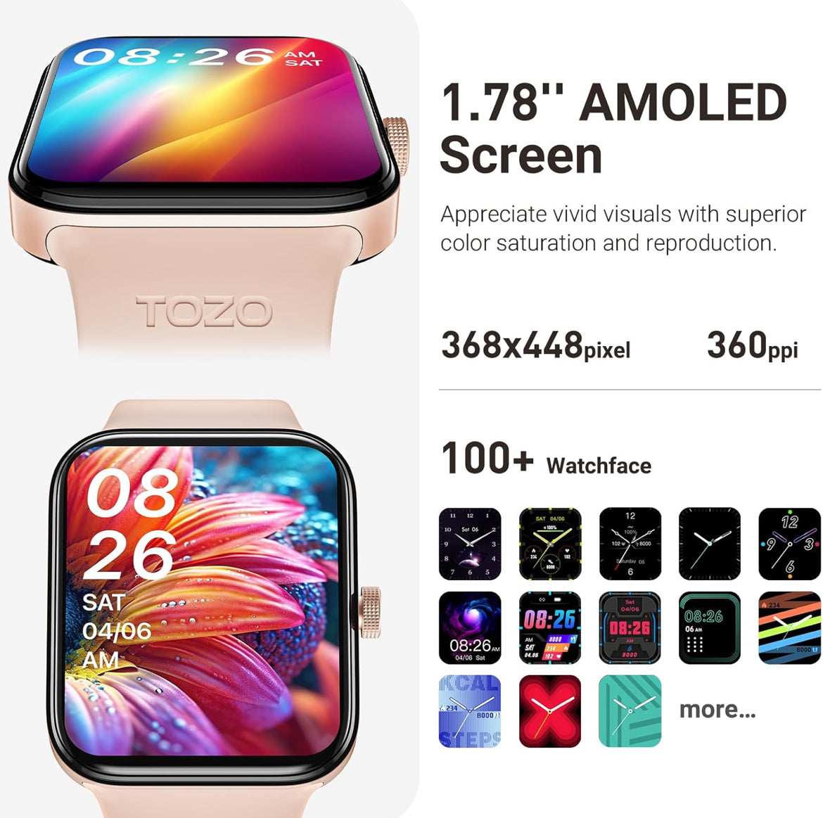 S4 One Smart Watch 1.78" Ultra-Clear Screen Call/Answer Fitness Tracker, Sleep Monitor IP68 Waterproof for iOS 11.0+ Android 9.0+ (Rose Gold)