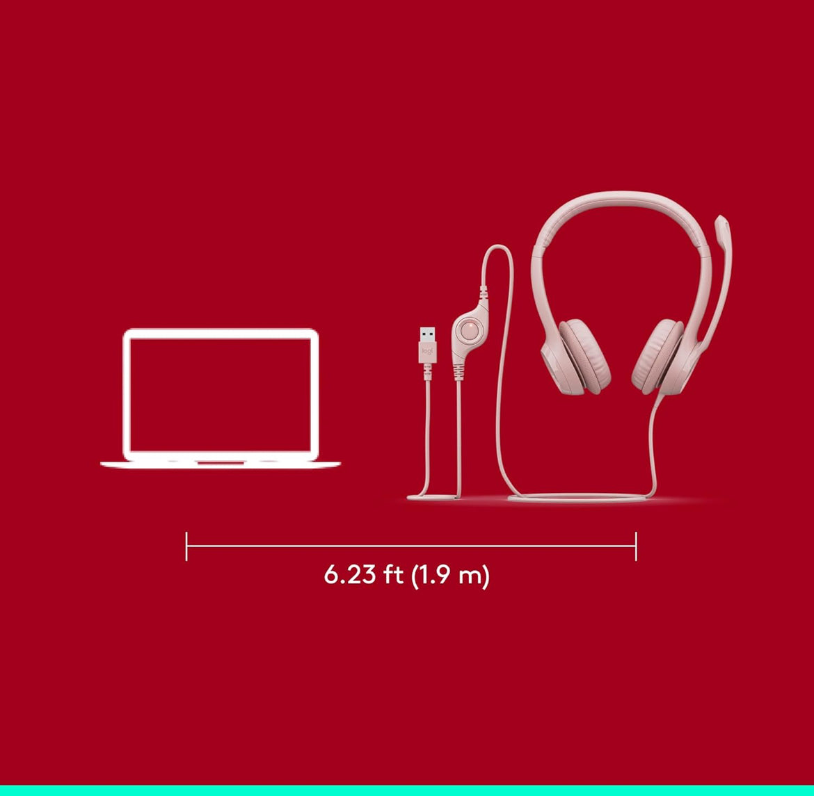 Logitech H390-speletjieshoofoorfone, bedrade hoofoorfone met mikrofoon, USB-koptelefoon met mikrofoon vir rekenaar, geraasdempende mikrofoon vir videovergaderings, musiek, speletjies – Roos