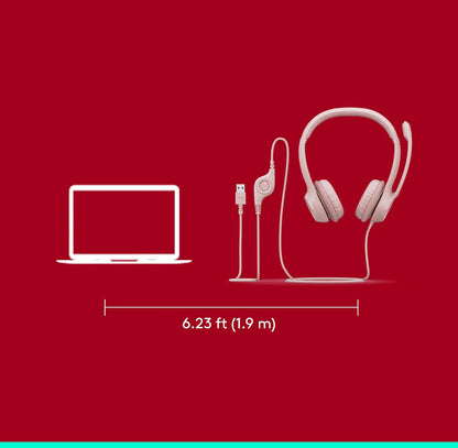 Logitech H390-speletjieshoofoorfone, bedrade hoofoorfone met mikrofoon, USB-koptelefoon met mikrofoon vir rekenaar, geraasdempende mikrofoon vir videovergaderings, musiek, speletjies – Roos