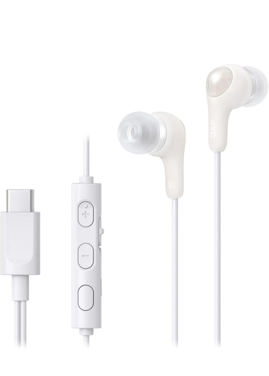 JVC Gumy Connect USB-C Bedrade Oorfone, Vertragingvry vir Video's en Speletjies, Ingeboude DAC Verminder Geraas en Verbeter Klankgehalte, 9.2 mm Deursnee Neodymium Drywers - HAFR9UCW (Wit)