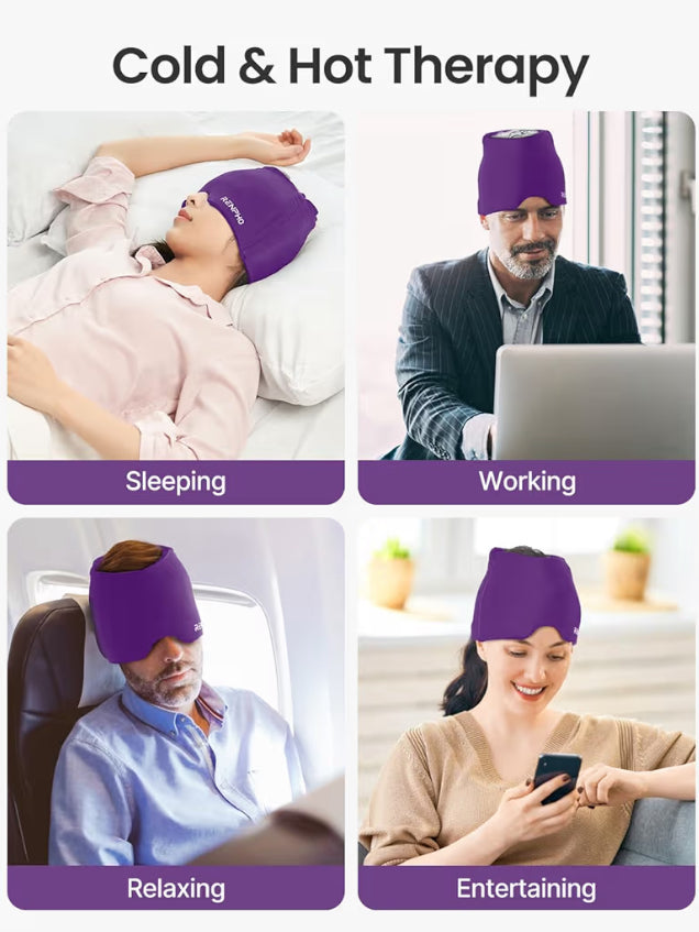 Migraine Relief Cap Ice Head Wrap with Hot or Cold Therapy - Ice Face Mask (Purple)