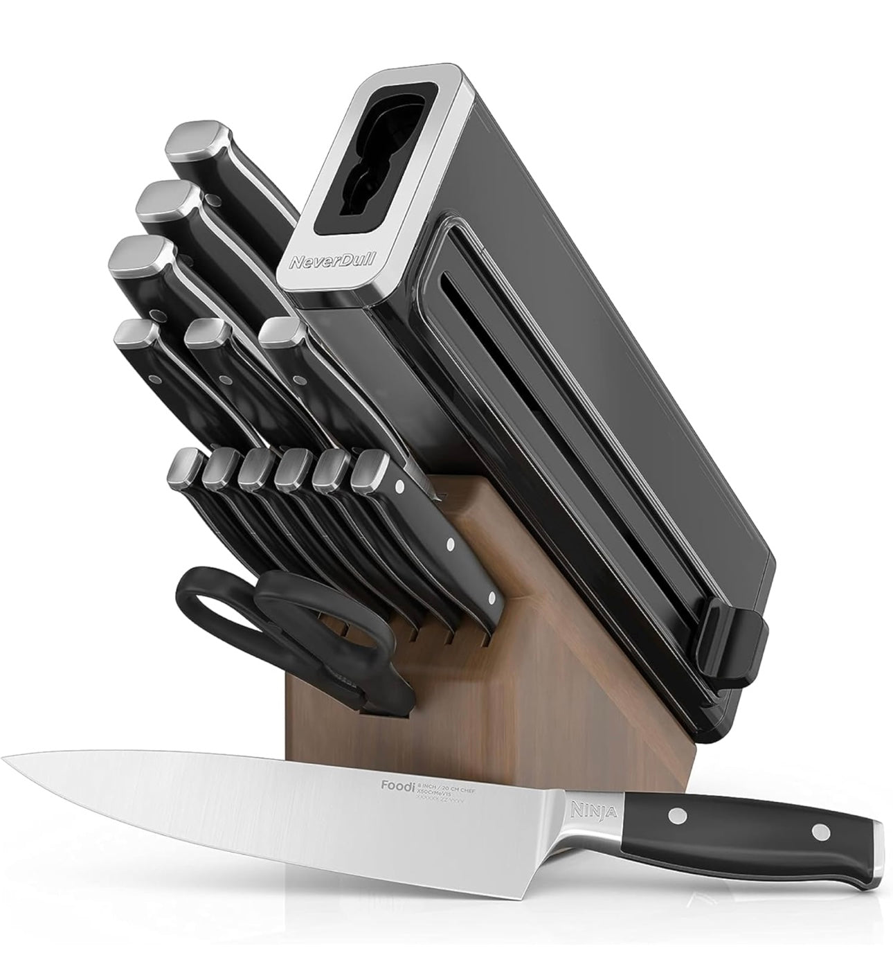 Ninja K52015 Foodi NeverDull 15 Stuk Premium Messestelsel, Houtreeks Blok, Duitse Vlekvrye Staal, met Ingeboude Skerpmaker, Vlekvrye Staal/Okkerneuthout
