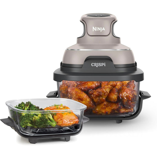 Ninja Crispi Air Fryer, Mikrogolf-, Vrieskas- en Skottelgoedwasser-veilig, Nie-giftige Glas Draagbare Kookstelsel, 4 QT & 6 Koppie Glashouers met Bergingsdeksels, Maklike Etes, Lugbraai, Bak, Steen, FN101ST