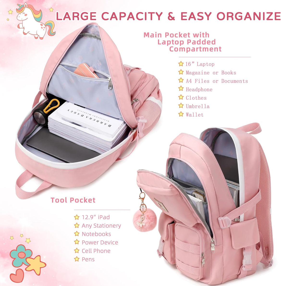 Backpack for Girls Laptop Backpacks 15.6 Inch College Cute Bookbag Anti Theft Primary Elementary School Bag Casual Daypack for Students Teens Girl Women (Pink)