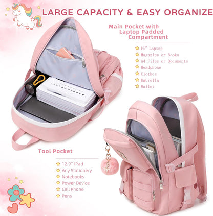 Backpack for Girls Laptop Backpacks 15.6 Inch College Cute Bookbag Anti Theft Primary Elementary School Bag Casual Daypack for Students Teens Girl Women (Pink)