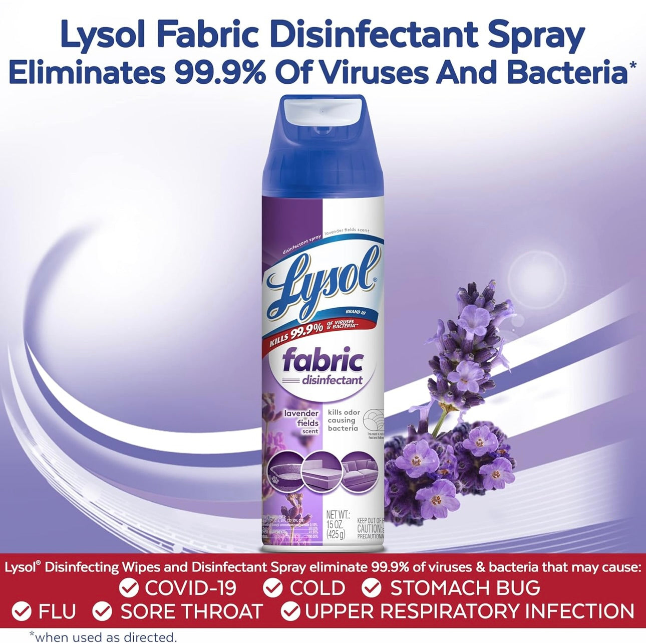 Lysol Lap Ontsmettingssproei, Saniterende en Antibakteriese Sproei, Vir die Ontsmetting en Ontgeuring van Sagte Meubels, Laventellande 15 Vl. Ons (Pak van 3)