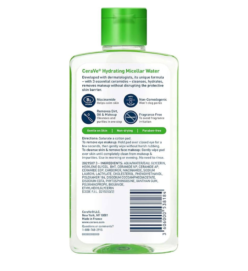 CeraVe Micellêre Water, Hidrerende Gesigsreiniger & Ooggrimeringverwyderaar Sonder Geur & Nie-Irriterend (10 Vloeistof Onse)