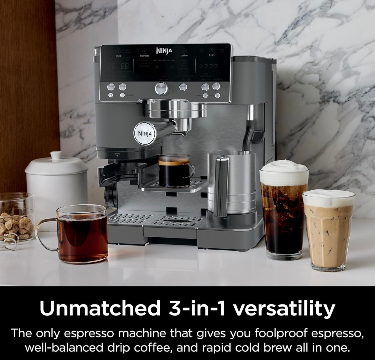 Ninja Luxe Cafe Premier Series, Espresso Machine, Drip Coffee, Rapid Cold Brew, Integrated Grinder, Hands-Free Frother