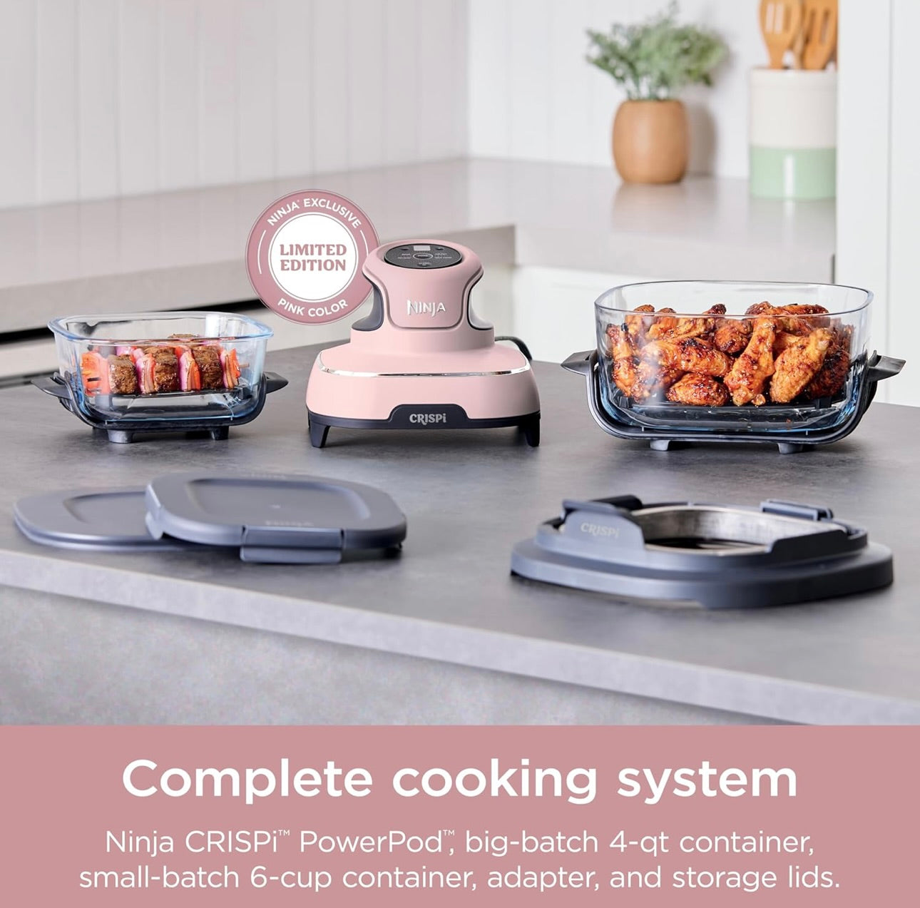 Ninja Crispi 4-in-1 Portable Glass Air Fryer Cooking System, 4 QT & 6 Cup Glass Containers with Storage Lids- Pink, FN101PK