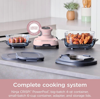Ninja Crispi 4-in-1 Draagbare Glaslugbraaier-Kookstelsel, 4 QT & 6 Koppie Glashouers met Bergdeksels - Pienk, FN101PK
