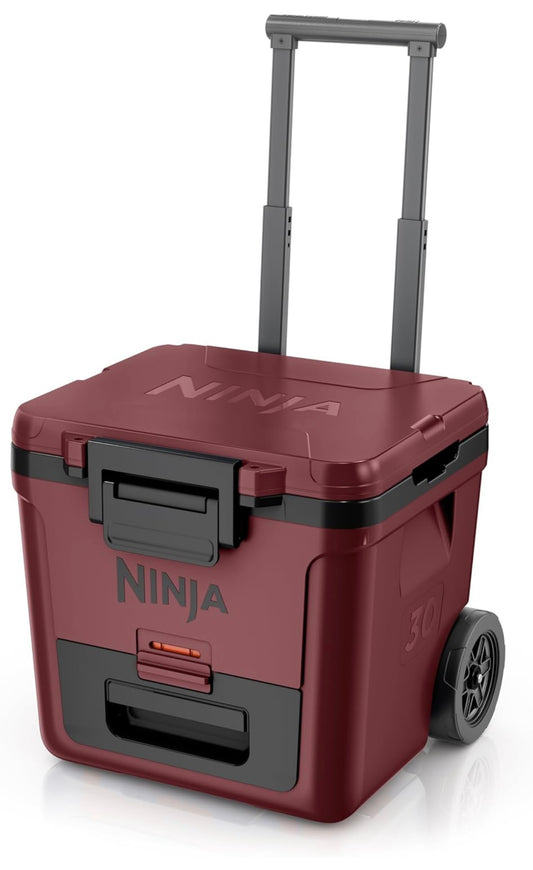 Ninja Cooler FrostVault 30QT-koeler met wiele – geïsoleer met temperatuur-droëberglade, hou ys dae lank koud – Canyonrooi