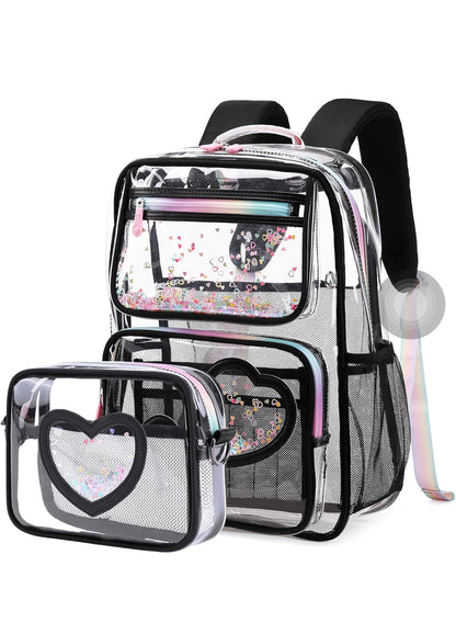Girls Clear Backpack,2 PCS Large Backpacks Set,Heavy Duty Bookbag Stadium Approved Daypack Transparent Women Bag See Through Daypack for Kids Elementary Middle School Students Teens Sport Black