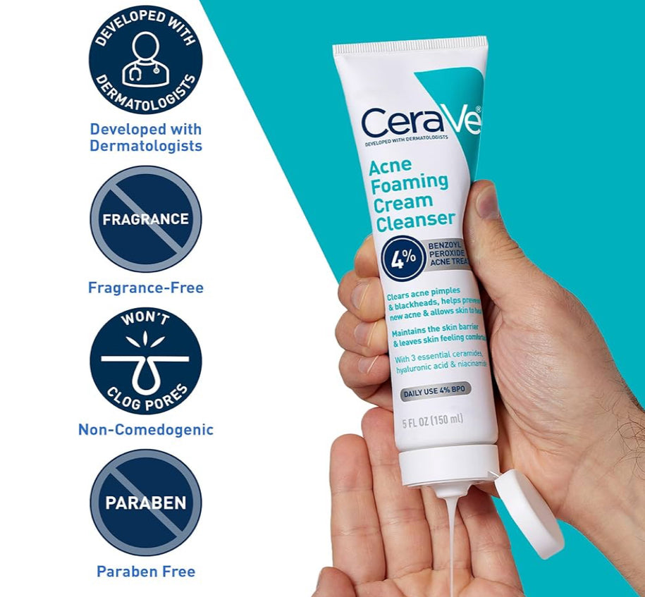 CeraVe Aknee Skuimende Roomreiniger, 4% Bensielperoksied met Hialuroonsuur, Niasienamied en Seramiede