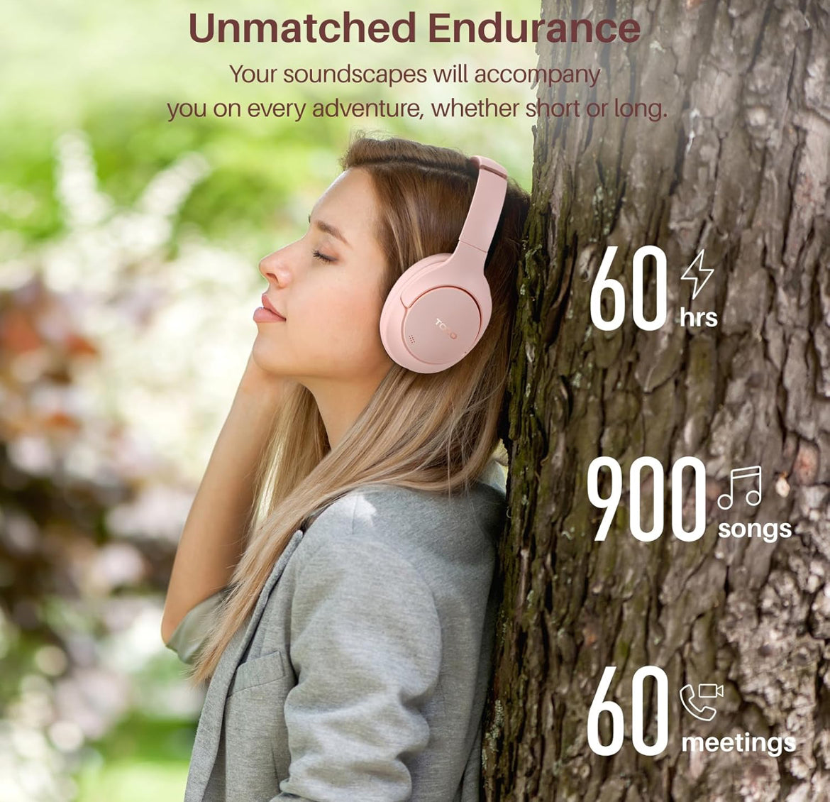 Hybrid Active Noise Cancelling Headphones, Wireless Over Ear Bluetooth, 40H Playtime, Hi-Res Audio Custom EQ, Comfort Fit Ear Cups (Pink)