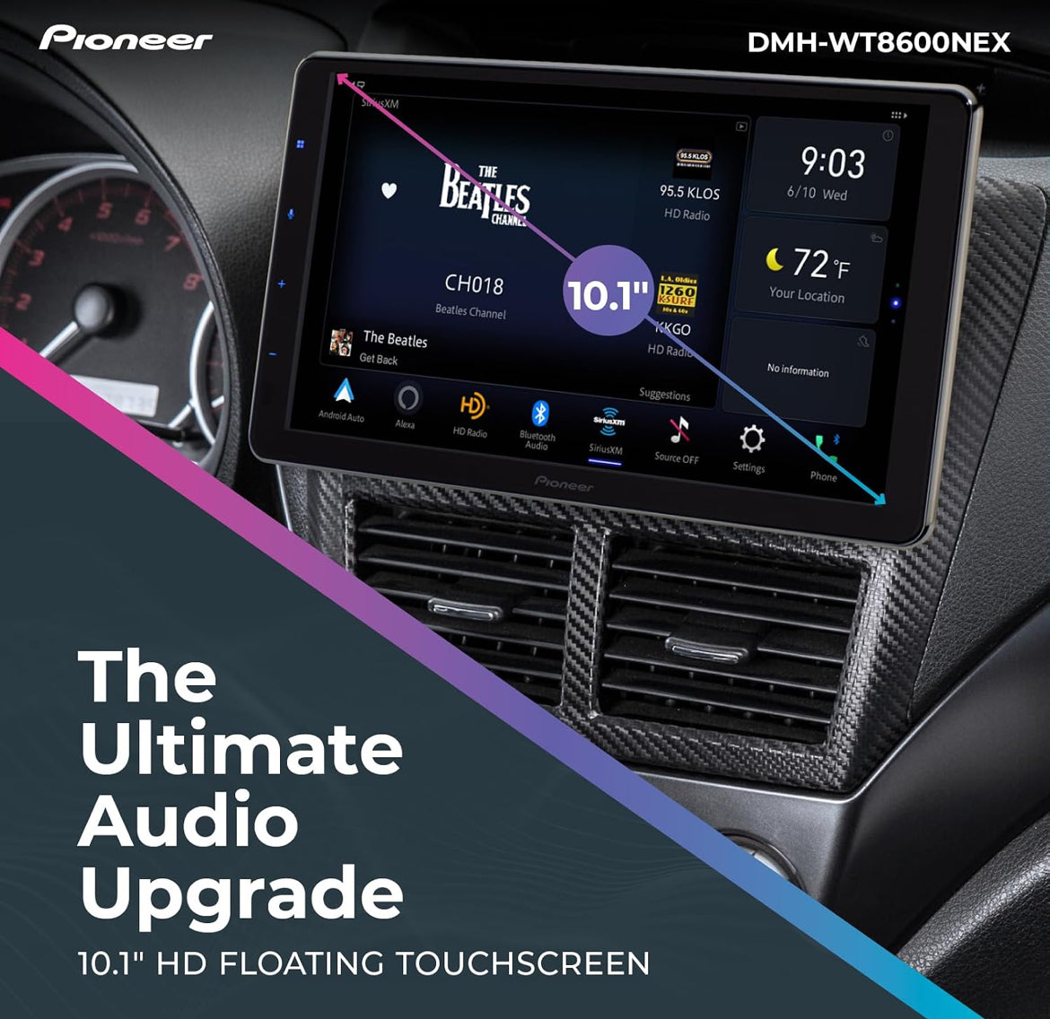 Pioneer DMH-WT8600NEX 10.1" HD Touchscreen Floating Display Car Stereo
Digital Multimedia Receiver, Wireless CarPlay & Android Auto, Amazon Alexa Built-In, Bluetooth, FLAC, Backup Cam, HD Radio