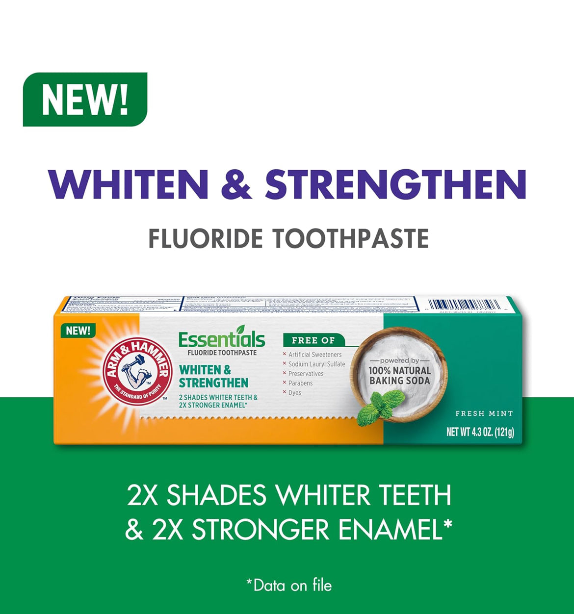 ARM & HAMMER Essentials Whiten & Strengthen Fluoride Toothpaste - Pack of 4 (4.3oz Tubes) - Fresh Mint
