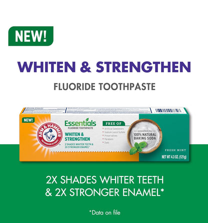 ARM & HAMMER Essentials Whiten & Strengthen Fluoride Toothpaste - Pack of 4 (4.3oz Tubes) - Fresh Mint