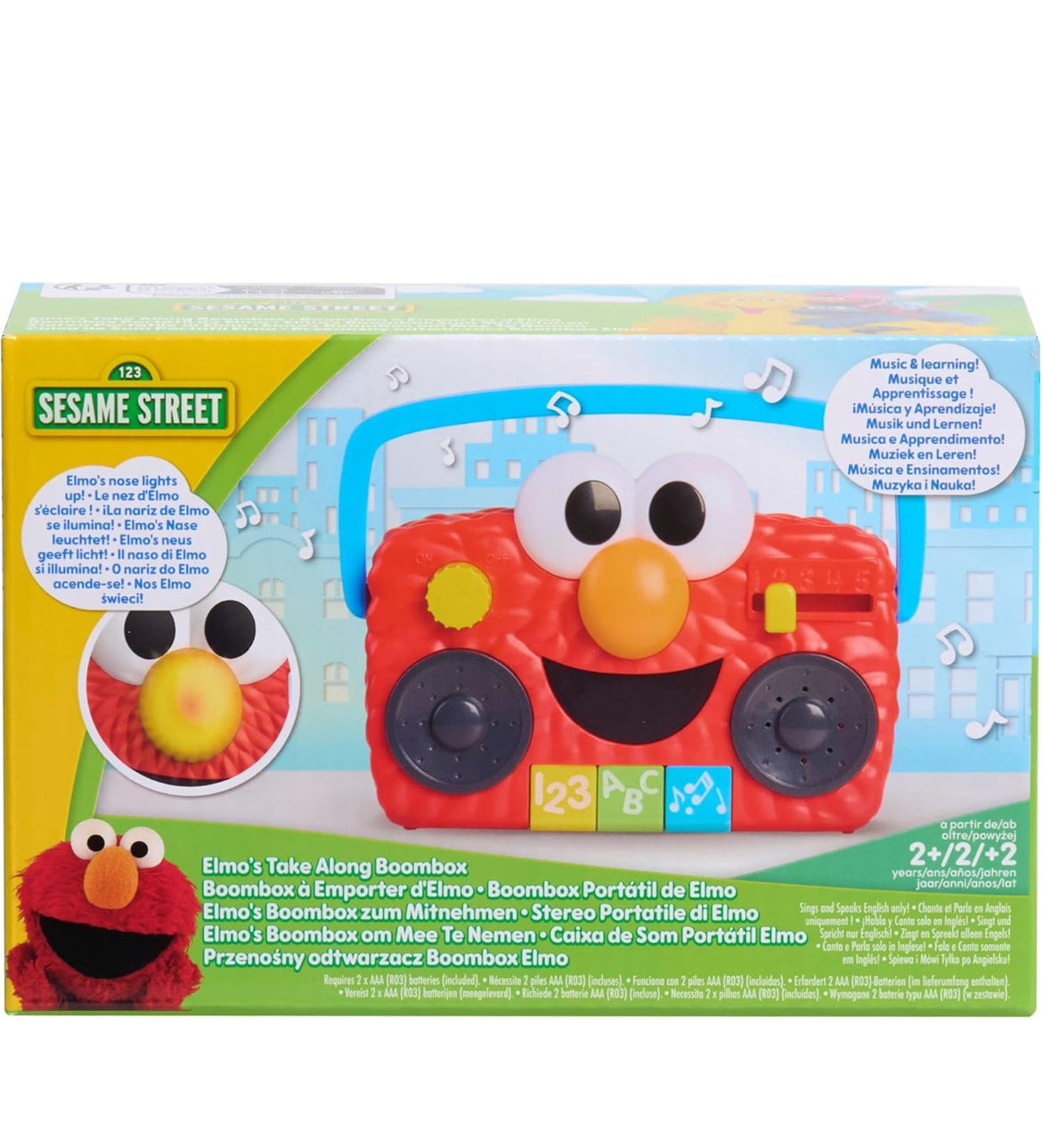 Just Play Sesame Street Elmo Take Along Boombox with Lights & Sounds, 5.5-inch Interactive Toy, Learning and Education, Kids Toys for Ages 2 Up