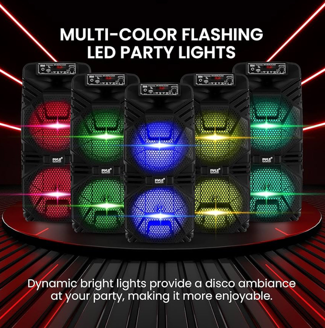 Rechargeable Portable Bluetooth PA Speaker 600W Outdoor System w/ Dual 8” Subwoofer 1” Tweeter, Microphone In, Party Lights, USB, Radio, Remote