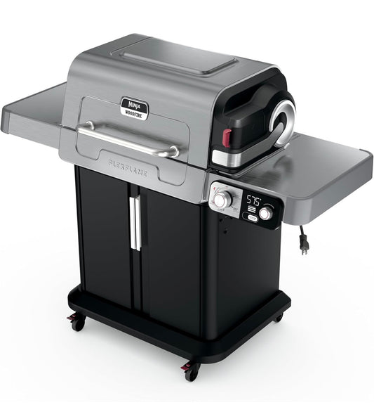Ninja FlexFlame, Rooster en Roker, Elektriese en Propaanbraaier, Rooster, Braaier, 5-in-1 Kookstelsel, 3 Branders, Digitale Beheer, Buitekook, Bakplaat, Pizzamaker - Vlekvrye Staal (PG301)