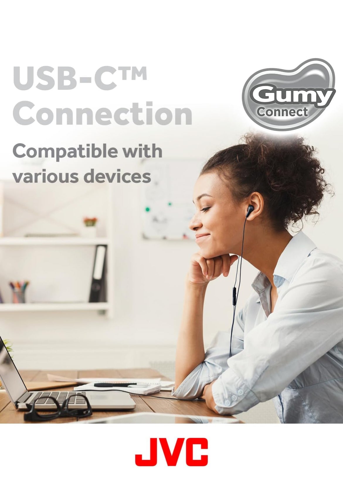 JVC Gumy Connect USB-C Bedrade Oorfone, Vertragingvry vir Video's en Speletjies, Ingeboude DAC Verminder Geraas en Verbeter Klankgehalte, 9.2 mm Deursnee Neodymium Drywers - HAFR9UCW (Wit)