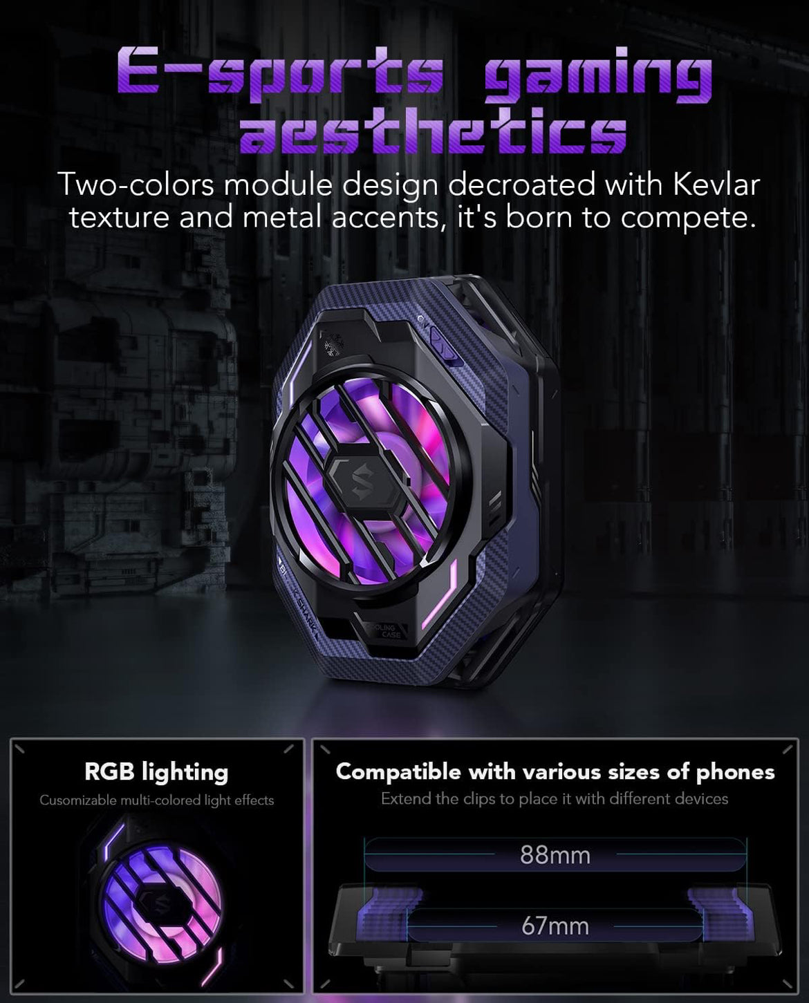 Cell Phone Cooler Black Shark Fun Cooler 3Pro, Cellphone Radiator with Sleep Timer/Fan Speed Settings (Purple)