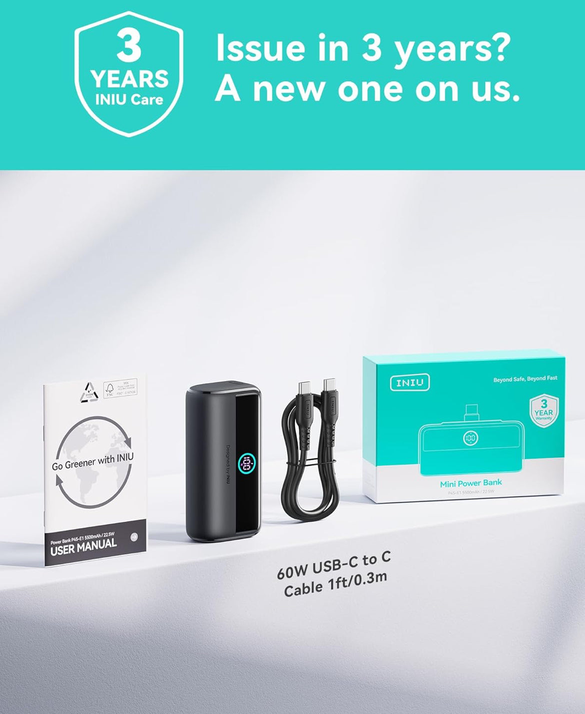 INIU Mini Portable Charger, 5500mAh Power Bank with Build-in USB-C Connector, 22.5W PD Fast Charging USB C in&Out Battery Pack, External Phone Charger for iPhone 16/15, Samsung S23 S22, Google etc