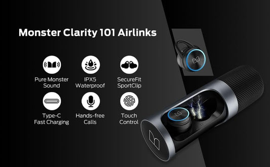 Monster Clarity 101 AirLinks Draadlose Oorfone, Bluetooth 5.0 Binne-oor Oorfone met Laaikas, Stereo Oorfone Diep Bas Klank, IPX5 Waterdig, Ingeboude Mikrofoon, Duidelike Oproep, Veilige Pasvorm vir Sport