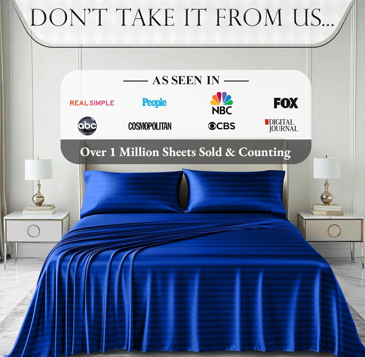 DECOLURE Satin Bed Sheets - 4 Piece Luxury Silky Queen Size Bedding Set - Softer Than Silk, Wrinkle-Free with 15” Deep Pocket Fitted Sheet, Perfect for Hair & Skin, Gifts for Women (Striped Blue)