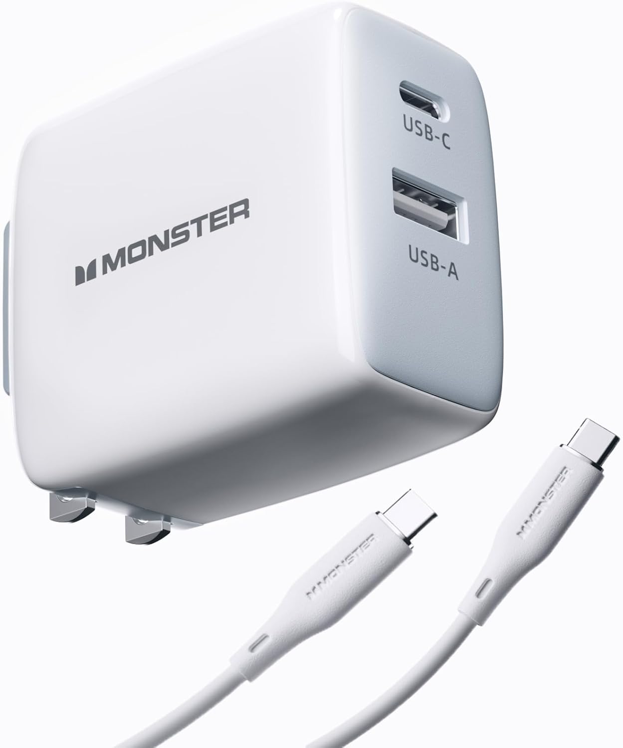 Monster 65W USB C Charger Block, PPS 2-Port, Foldable GaN Fast Charger, Heat-Free Ensure Security for iPhone 16 Pro Max/15/14, iPad, MacBook, Samsung Galaxy S25, Pixel and More, with Silicone Cable