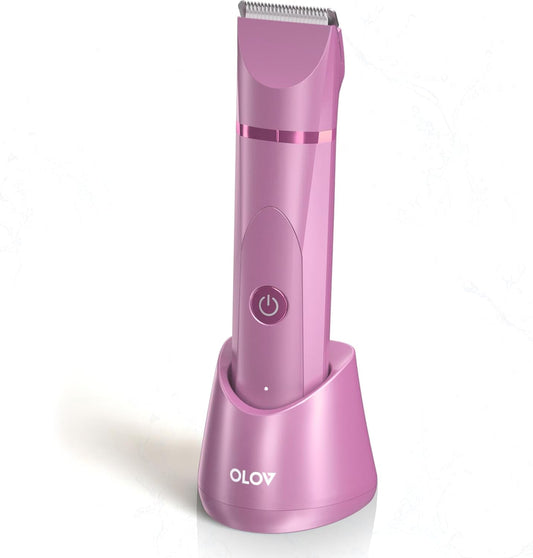 OLOV Elektriese Liggaamshaartrimmer - Kruistrimmer vir Mans - Bikini-trimmer vir Vroue - Nat/Droë Skeerapparaat, Vervangbare Keramieklemkoppe, USB-laaidok, Waterdigte Higiëniese Skeermes, Pienk